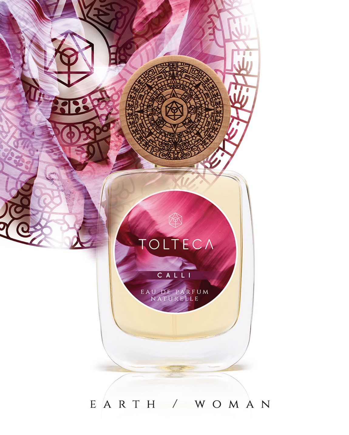 Perfume bottle with a pink and purple label, on a decorative background. Earth/Woman label.