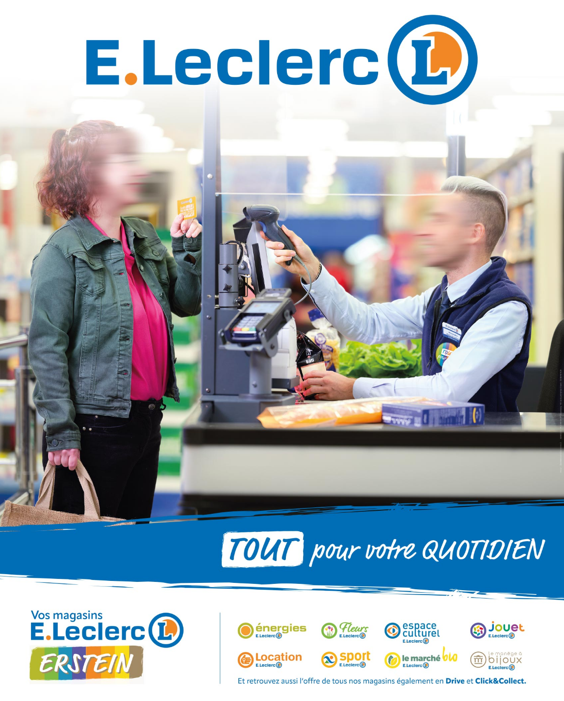 E.Leclerc store cashier scanning groceries for a customer. Text: 