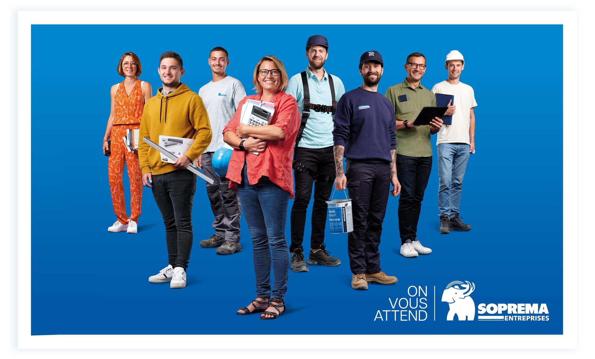 Group of diverse people in various work attire, standing on a blue background.