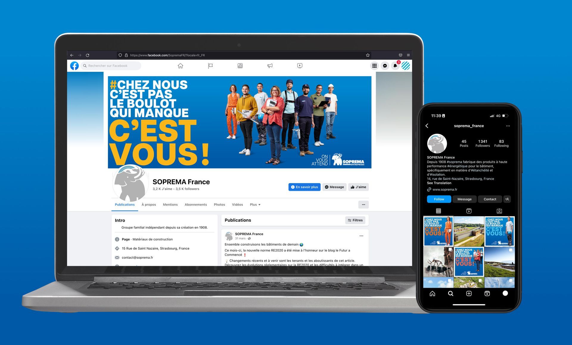Laptop and phone displaying social media profiles with banner