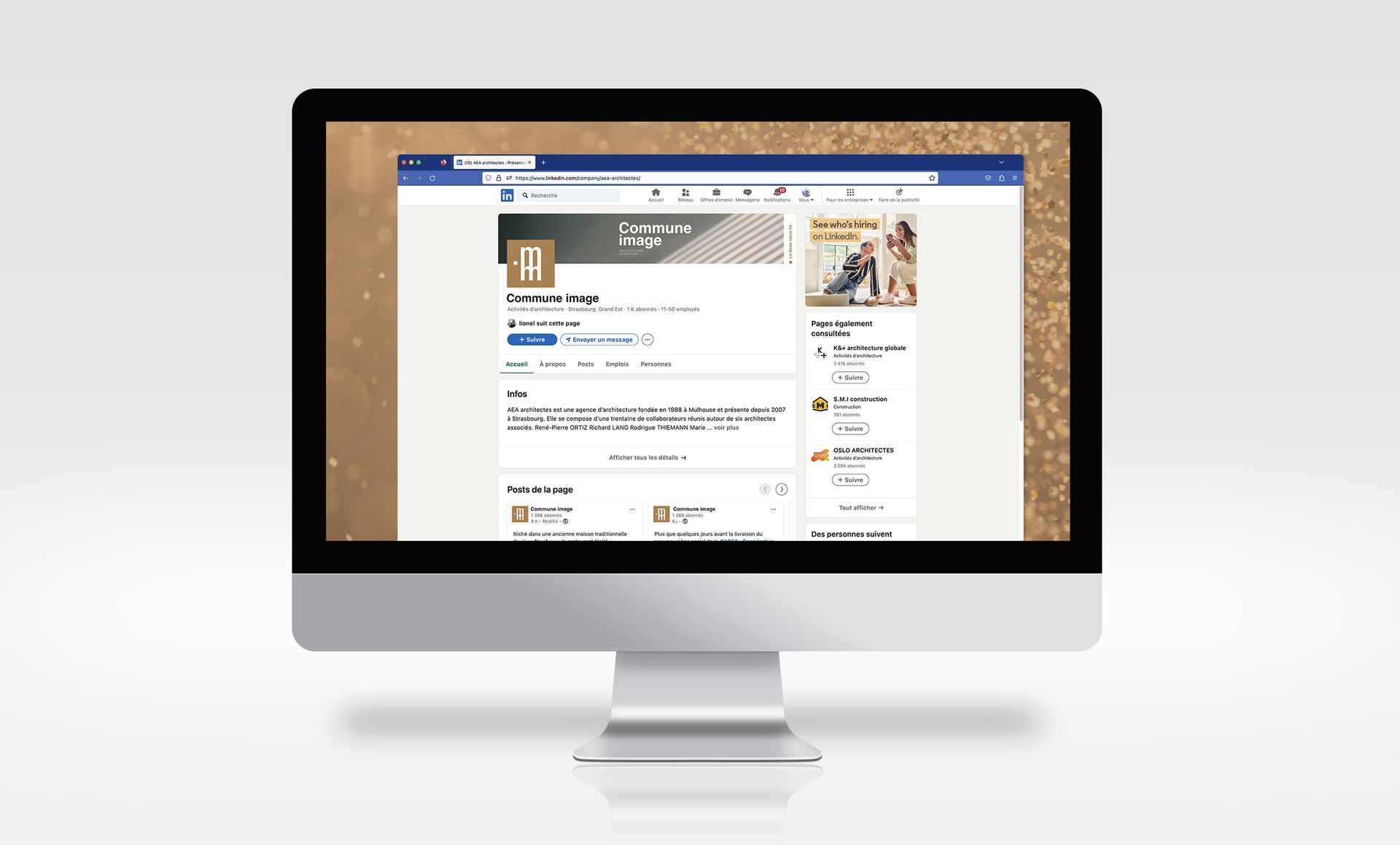 Computer display showing a Facebook profile with a logo and posts.