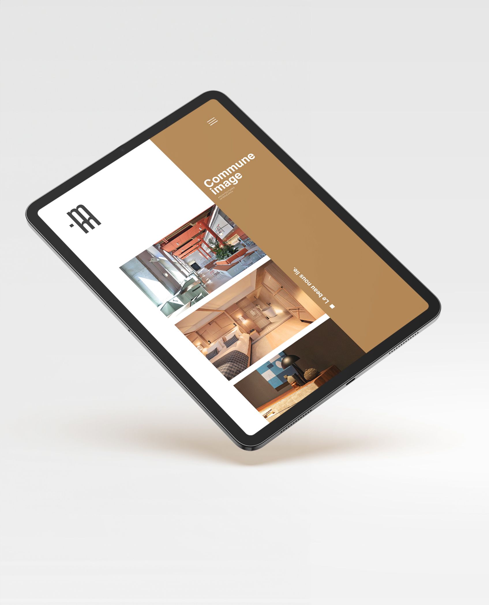 Tablet displaying interior design portfolio with brown and white color scheme.