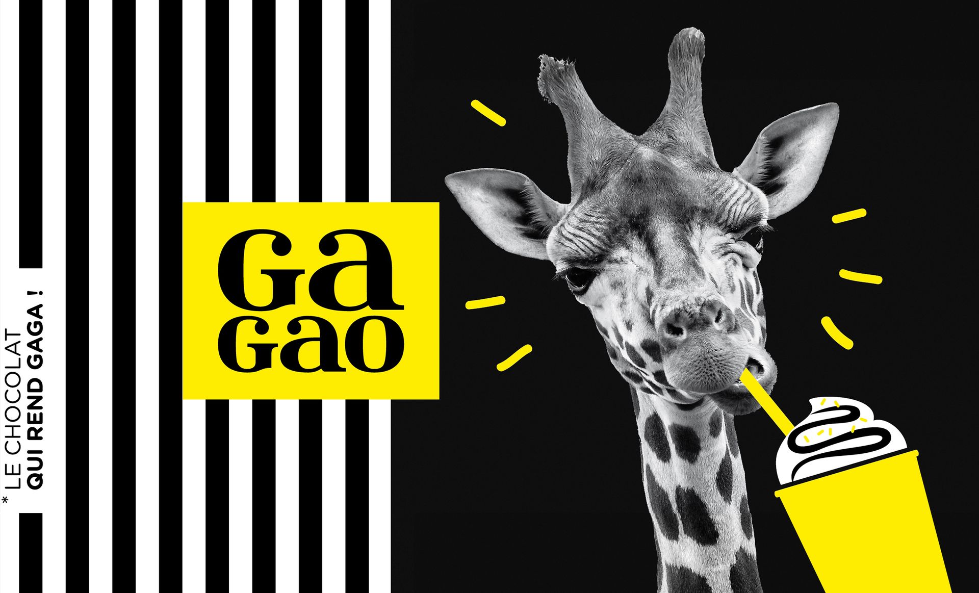 Giraffe with whipped drink, Ga Gao logo on yellow, striped background.