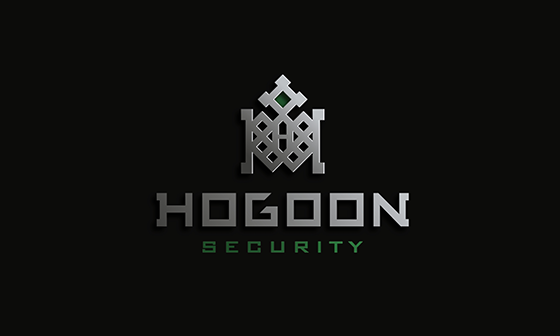 Logo argenté « HOGOON SECURITY » sur fond vert foncé. Un emblème décoratif surmonte le nom de l'entreprise.