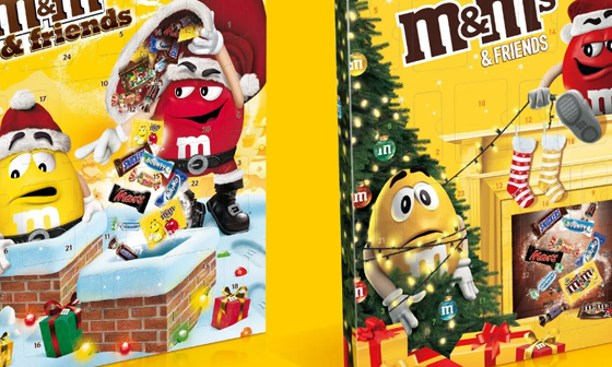 Two M&M's Advent calendars, red and yellow candies in festive scenes.