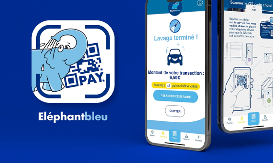 Elefante Bleu app: blue elephant logo, phone displaying payment/wash confirmation screens.