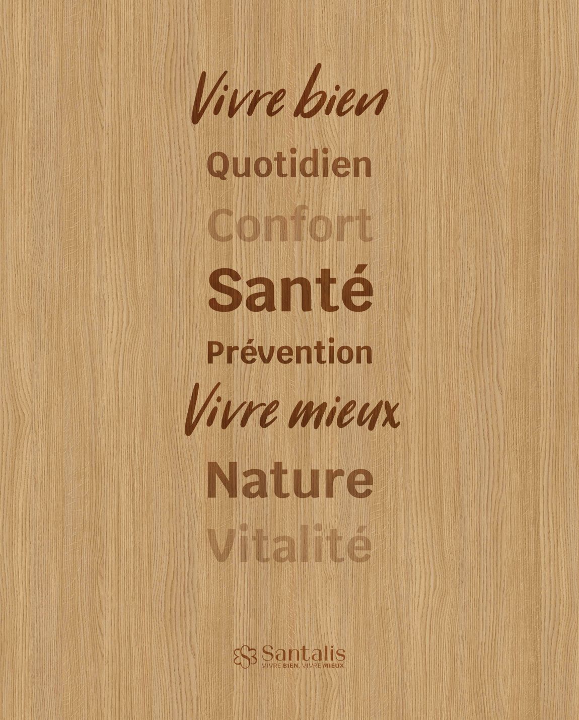 Text on wood grain: Vivre bien, Santé, Vivre mieux, Nature, other related words.