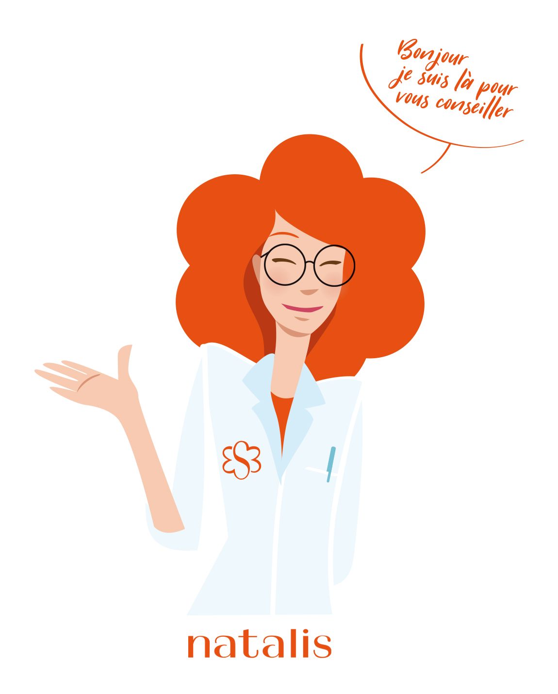 Woman with red hair and glasses in a lab coat, gesturing.