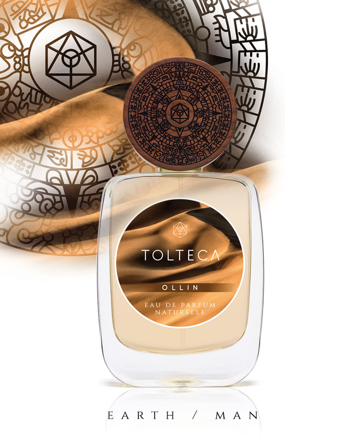 Perfume bottle with gold label and brown cap. Beige background with abstract shapes. 