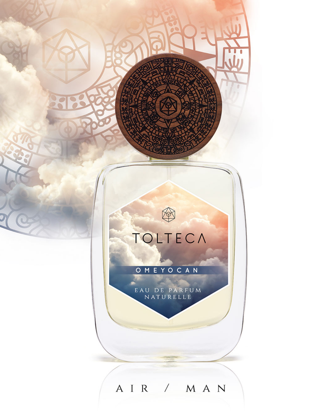 Perfume bottle with a cloudy sky label; a brown cap.  Background features Aztec-like designs and clouds.
