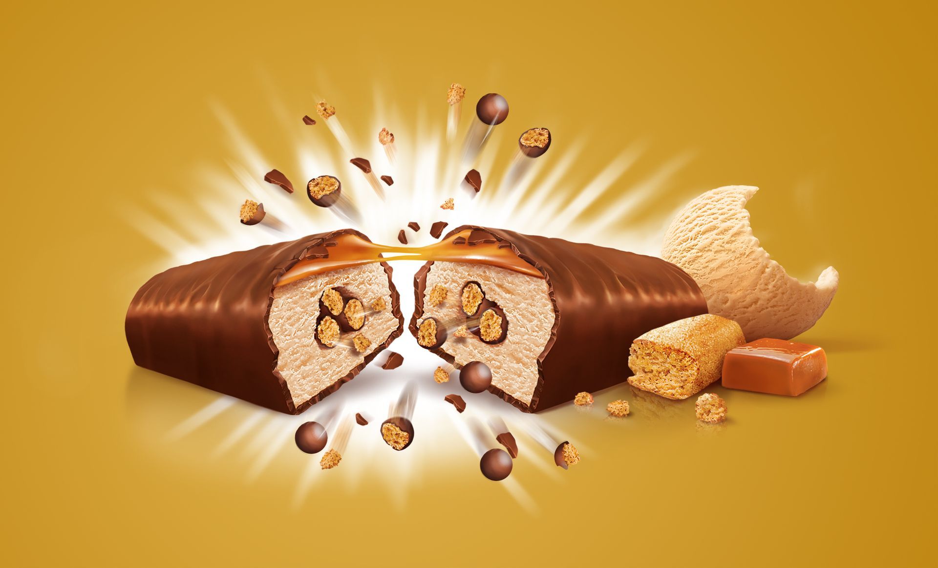 Chocolate-covered candy bar broken open, caramel and crispy bits explode outward against a golden backdrop.