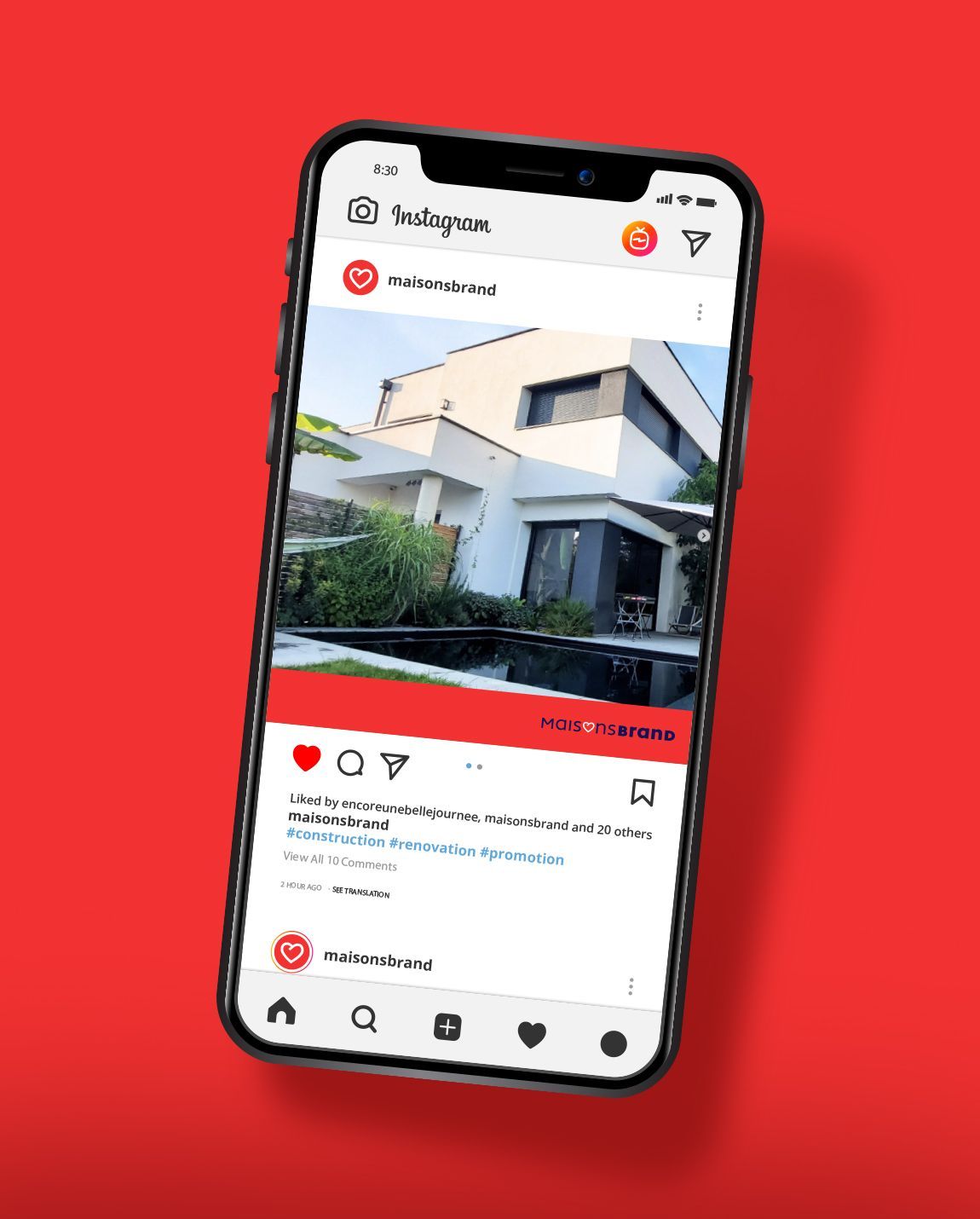 Smartphone displaying an Instagram post: modern white house with a red background.