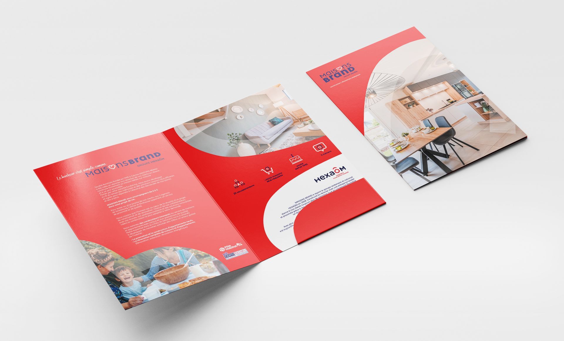 Red brochure showcasing interior design services, with images of rooms and text.