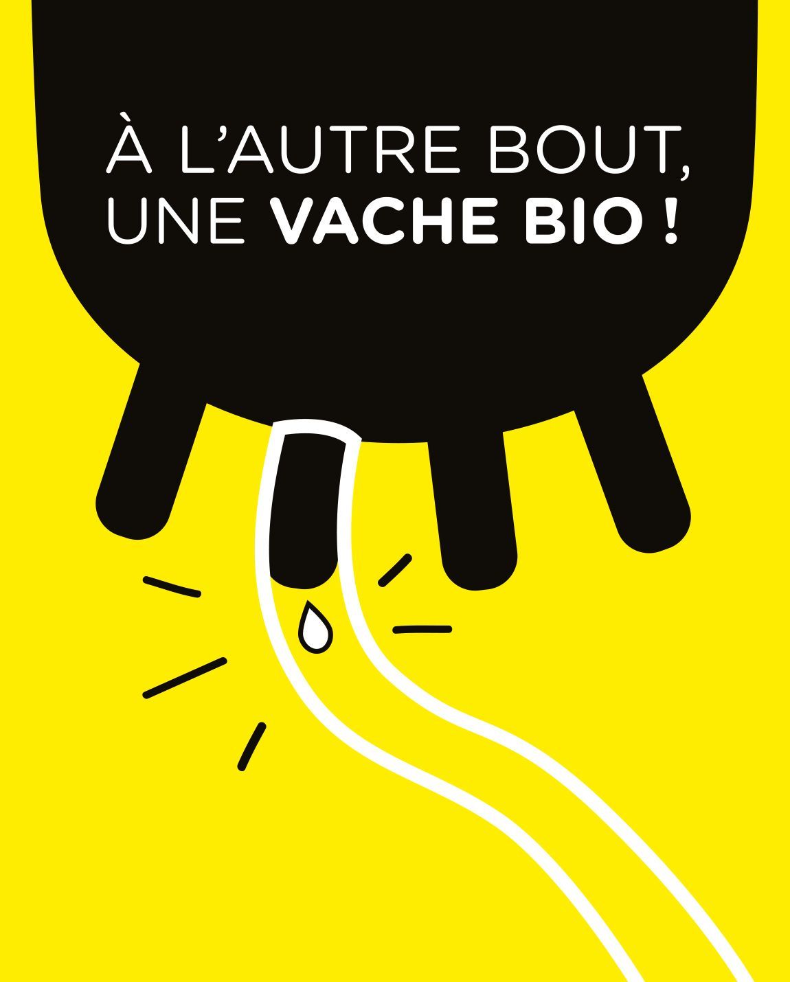 Black cow udder, white milk stream on yellow background, text 