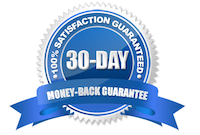 A 30 day money back guarantee seal with a blue ribbon.