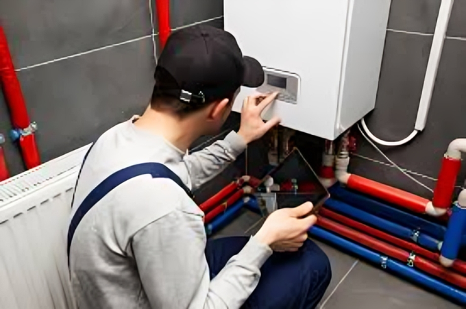 Professional technician inspecting a modern furnace system in a residential basement.