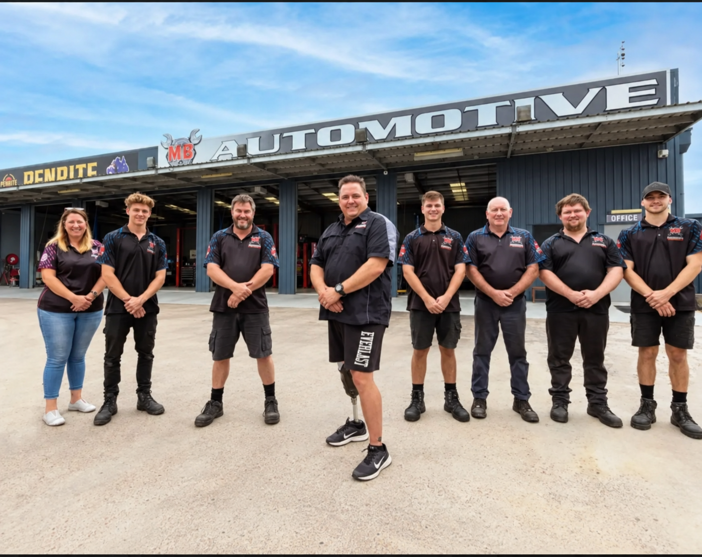 A Group Of People Standing In Front Of An Automotive Shop — MB Automotive In Garbutt, QLD