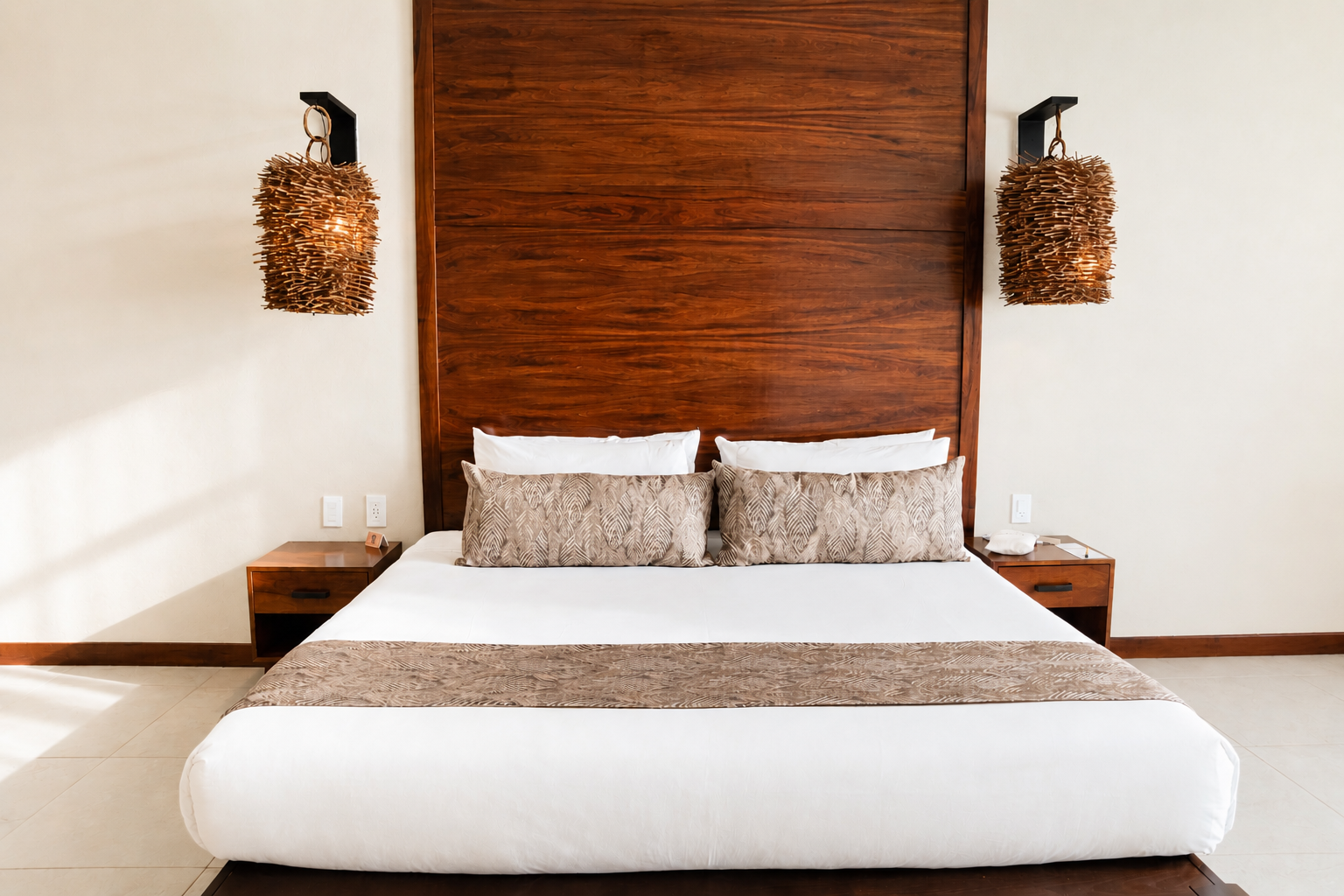 Amplio dormitorio moderno con una cama grande, una pared decorativa de madera y una luminosa zona de estar junto a la ventana.