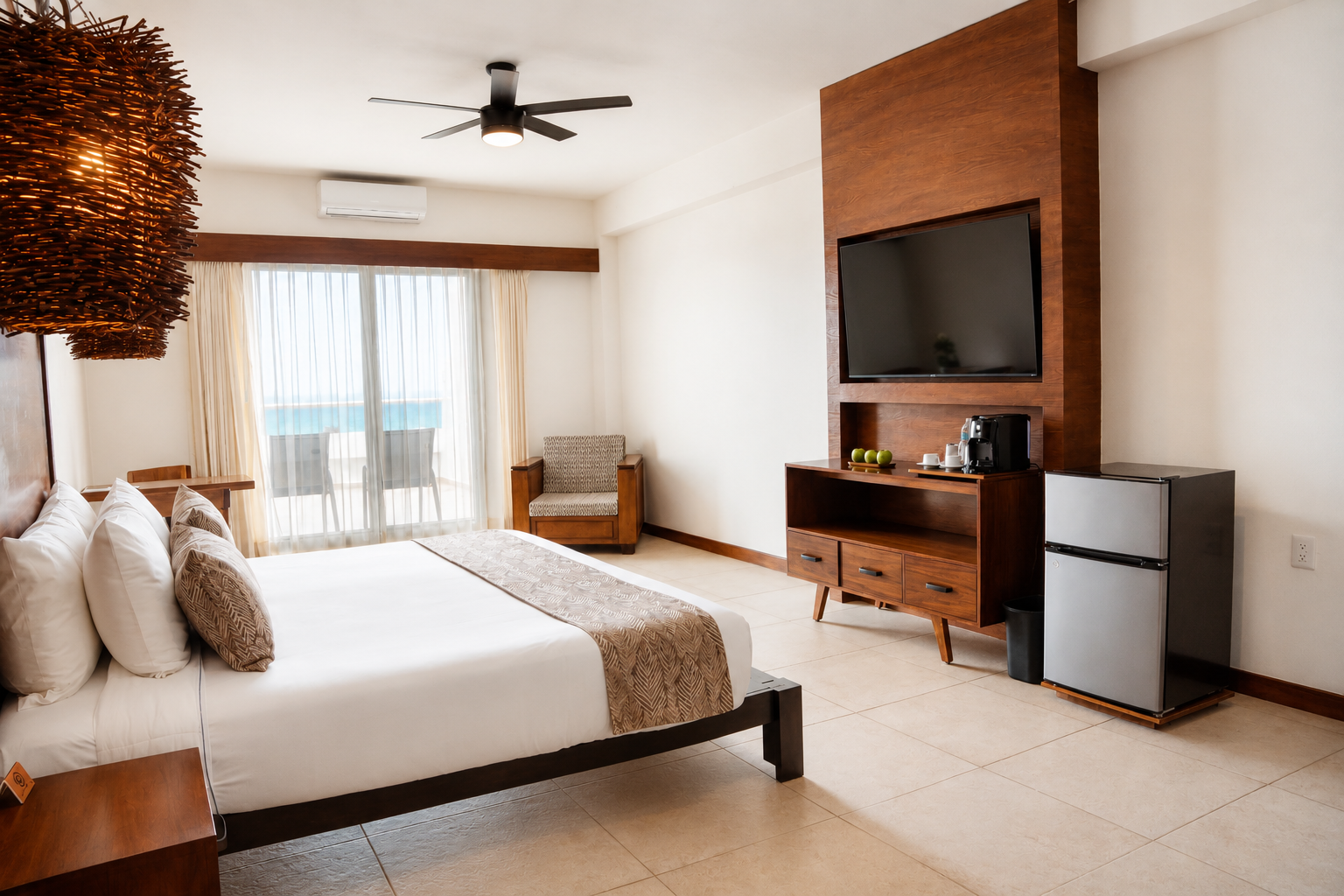 Habitación de hotel moderna con cama, TV, minibar y puerta corredera de cristal que da a un balcón.