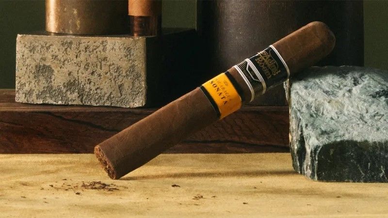 A cigar leaning on stone blocks on a wooden surface, lit by warm sunlight.