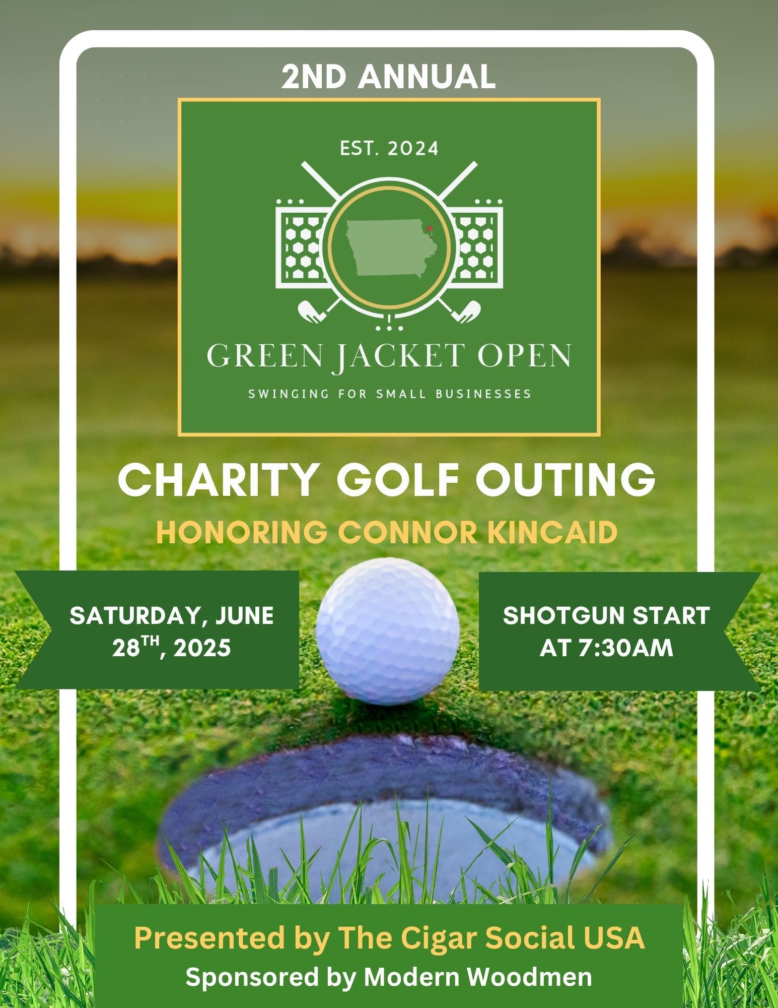 Charity golf outing poster for Green Jacket Open honoring Connor Kincaid, with date, time, and presented by The Cigar Social USA