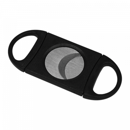 Black cigar cutter with two silver blades and oval handles on a white background
