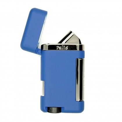 Blue and silver flip-top lighter with lid open, isolated on white background