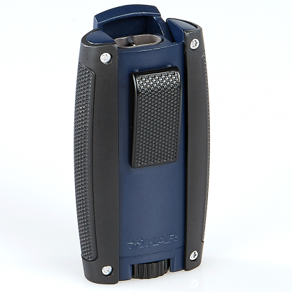 Blue-and-black handheld device with textured grips and metal screws on a white background
