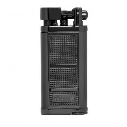Black rectangular butane lighter with textured grip, shown on a white background