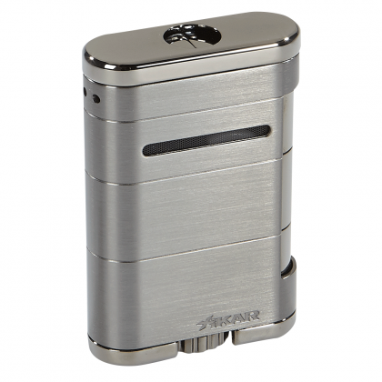 Silver metal pocket lighter with a black top and oval cutout on a white background