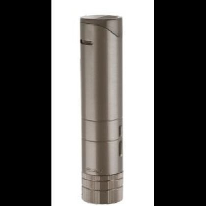 Silver cylindrical flashlight standing upright on a white background