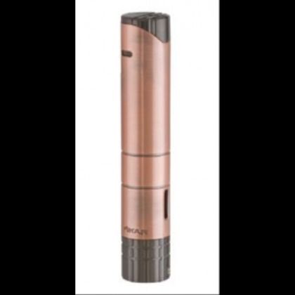 Copper and black cylindrical cordless hair trimmer standing upright on a white background