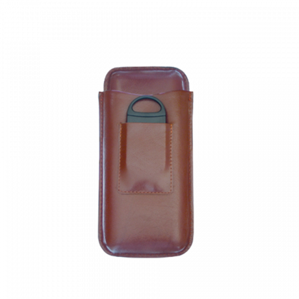 Brown leather phone case with a front pocket and a visible black pull loop