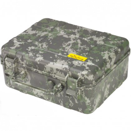 Camouflage hard case with latches and a small yellow label on a white background