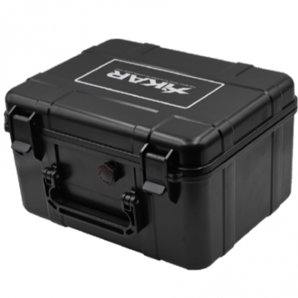Black hard-shell protective case with latches and handle, shown closed on a white background