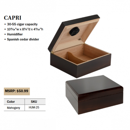 Mahogany cigar humidor with humidifier and Spanish cedar divider, shown open and closed.