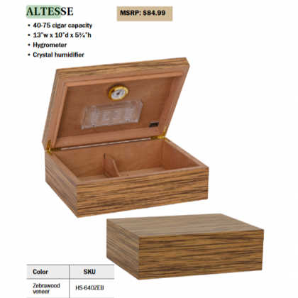 Wooden cigar humidor with open lid and removable tray, shown in closed and open views with product specs.