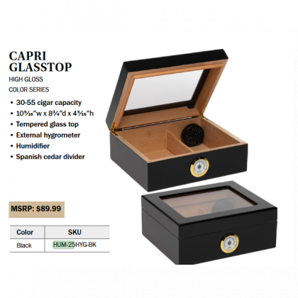 Black Capri glass-top cigar humidor with hygrometer and Spanish cedar divider, shown open and closed.