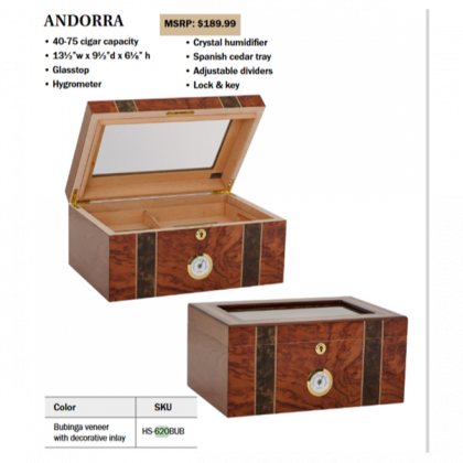 Wooden cigar humidor box with glass top, hygrometer, and adjustable dividers, shown open and closed.