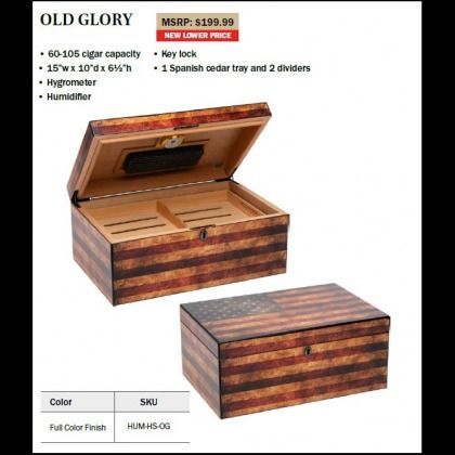 Wooden cigar box with open lid and built-in tray, shown with product details and price label.