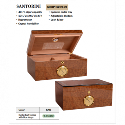 Wooden Santorini cigar box humidor with lid open, showing built-in hygrometer, for 40-75 cigars.