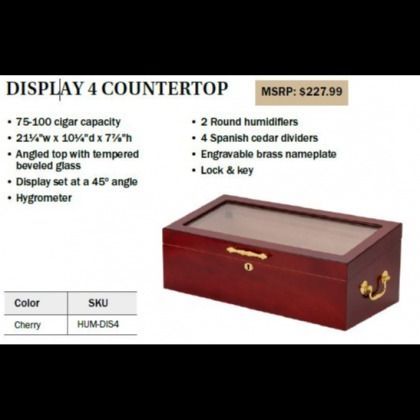 Cherry countertop cigar display humidor with glass top, lock, brass handles, and product specs text.