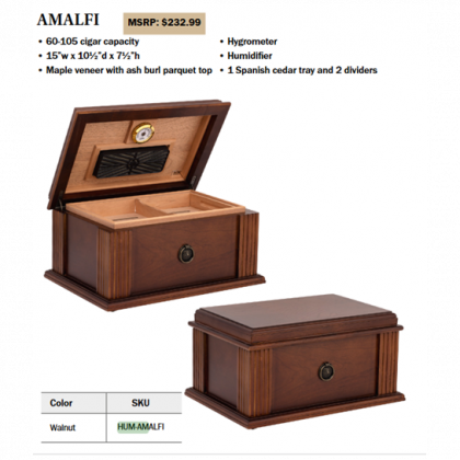 Wooden cigar humidor with lid gauge, front drawer, and polished burl wood finish on white background