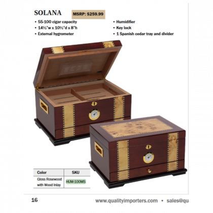 Wood-and-gold Solana cigar humidor chest with open lid, lock, and removable divider; closed view shown below.