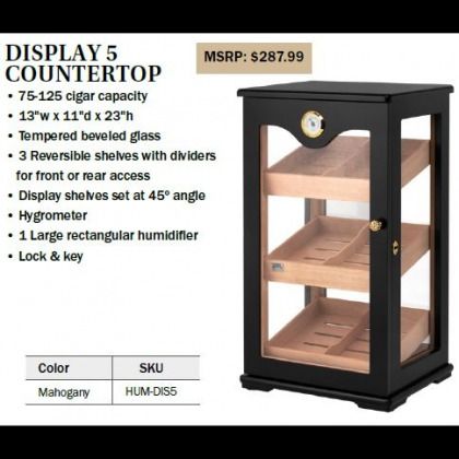 Black display cabinet with glass doors and shelves, labeled “Display 5 Countertop” with MSRP and specs text.