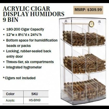 Acrylic 9-bin cigar display humidor with shelves, hygrometer, and cigars inside; MSRP $309.99.