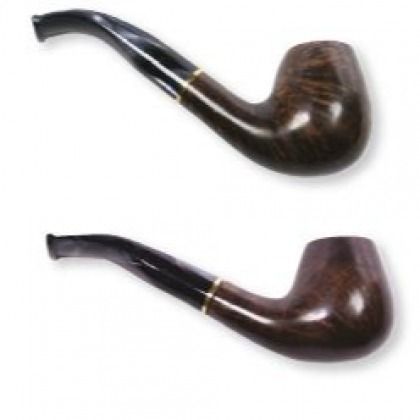 Two bent tobacco pipes, one dark and one brown, shown on a white background