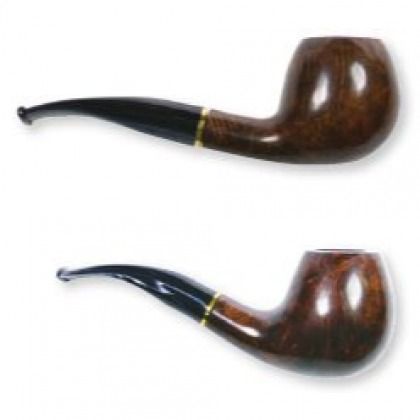 Two curved tobacco pipes, one brown and one black, shown side by side on a white background