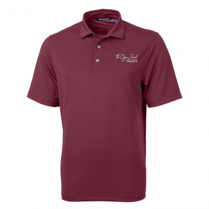 Maroon short-sleeve polo shirt with a collar and small chest logo on a white background