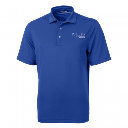 Blue short-sleeve polo shirt with a collar and small embroidered logo on the chest